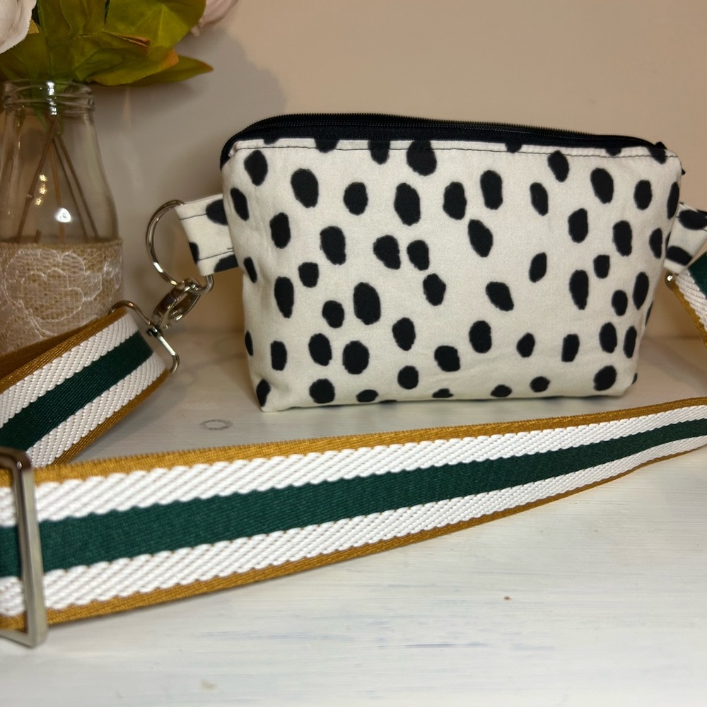 Spotted Black and White Crossbody Bag with Green Strap
